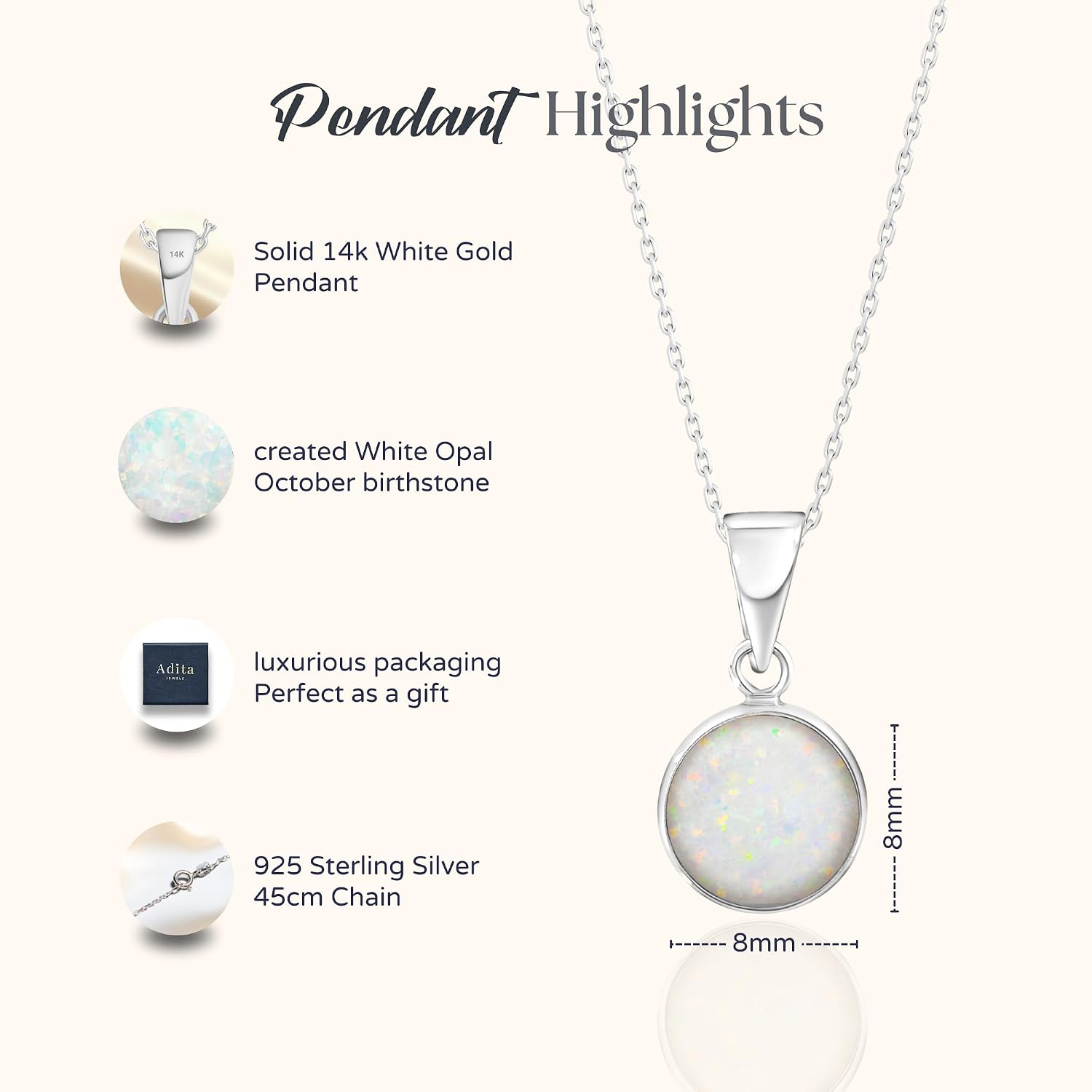 14K White Gold Gemstone Necklace for Women - Birthstone Jewelry - Teardrop Solid Gold Pendant for Brides WITH Sterling Silver Chain - Elegant Wedding Gift