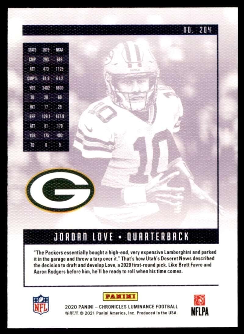 Generic 2020 Panini Luminance Jordan Love Rookie #204 Packers, Blue