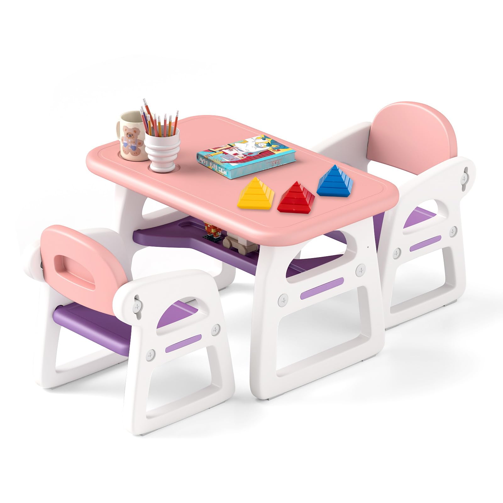 HONEY JOY Kids Table and Chair Set, Plastic Children Activity Table and 2 Chairs w/Building Blocks, Storage, for Art Craft, Toddler Table and Chair Set for Daycare Playroom, Gift for Boys Girls (Pink)