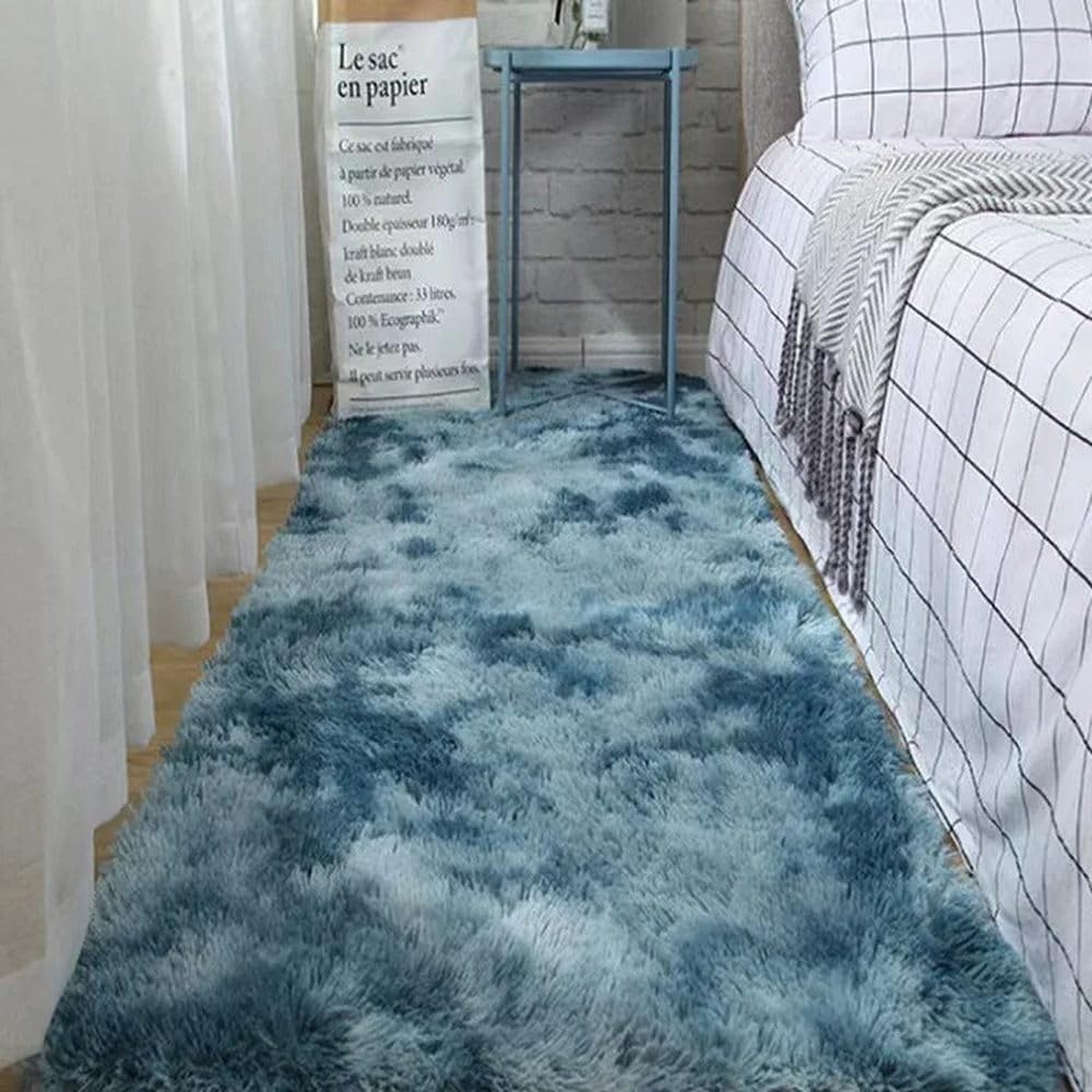 Tapis gris pour salon en velours doux dégradé bleu 80x200 cm