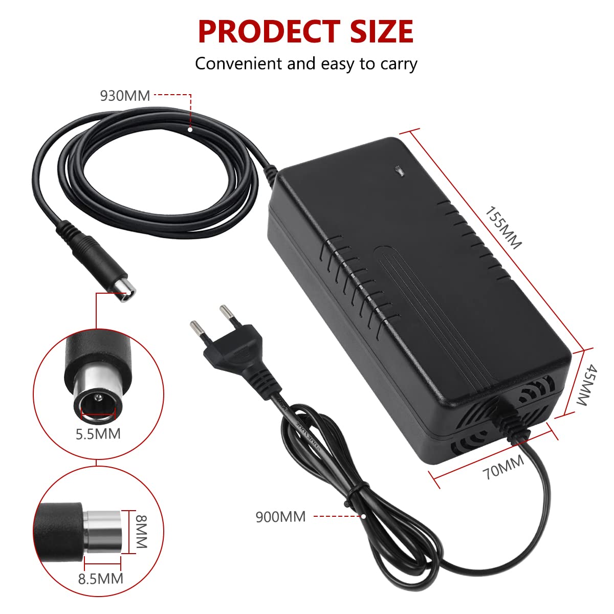 Caricatore Monopattino Elettrico, 42V 2A Adattatore di Alimentazione Caricabatteria Universale con connettore RCA (8 mm), Caricabatteria per Batteria al Litio da 36 V per Xiaomi