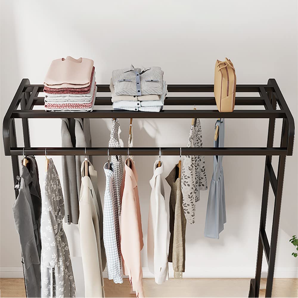 Schwerlast Kleiderständer, Stabil Metall Garderobenständer auf Rollen mit Lagerregal für Boxen und 2 Kleiderstangen, Multifunktional Garderobe für