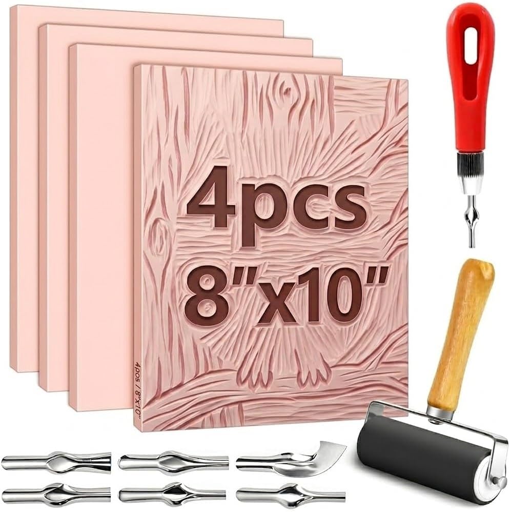 8"x10" Oopsu 4 Pack Linocut Kit Rubber Stamp Carving Blocks (0.6cm Thick) with Carving Tools Kit, Soft Linoleum Rubber Blocks for DIY Stamp Making, Craft Projects, Artists & Beginners