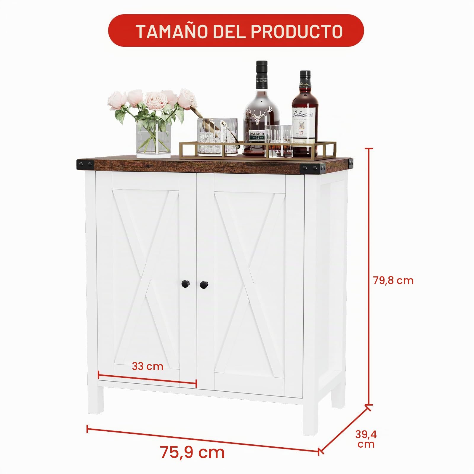 Aparador de Madera Maciza - Armario de 2 Niveles con Puerta - Tablero de 3 cm de Grosor - para Comedor, Salón, Recibidor - 76×40×80 cm - Marrón y Blanco