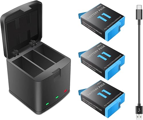 Paquete de 3 baterías Hero 11109 y estación de carga de almacenamiento USB para Gopro Hero 11 negro Hero 10 negro Hero 9 cámara negra