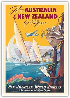 Australia & New Zealand by Clipper - Pan American World Airways - Vintage Airline Travel Poster by Mark Von Arenburg c.1950 - Master Art Print 10in x 14in