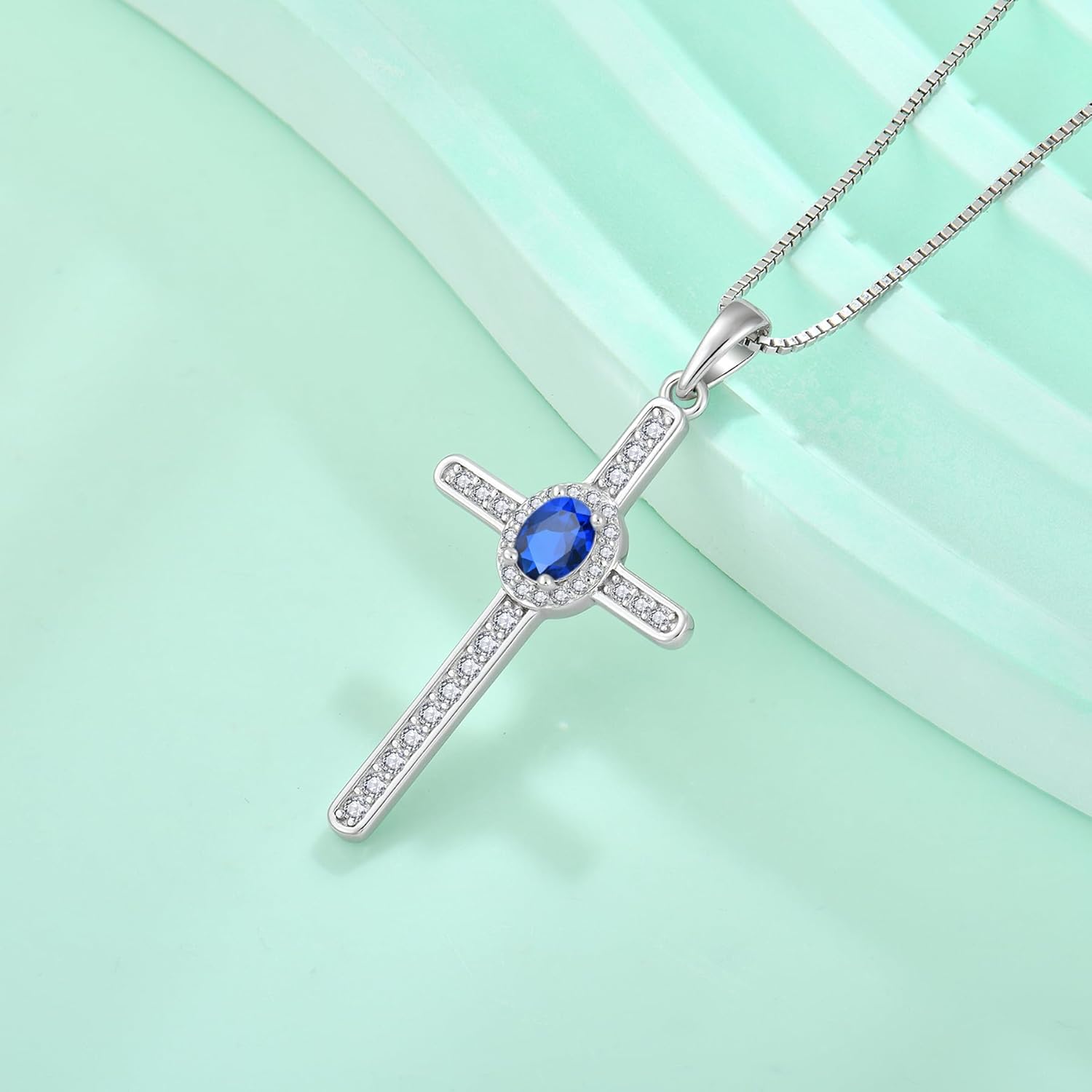 Cross Necklace 925 Sterling Silver Halo Oval Birthstone Pendant Christian Religious Jewelry Gifts for Women