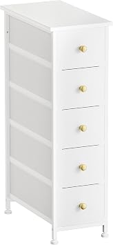 Narrow Dresser Storage Tower, Slim Dresser Chest of 5 Drawers | Steel Frame, Wood Top, Golden Knobs, White Dresser for Bedroom, Bathroom, Small Spaces, Laundry, Closet, White