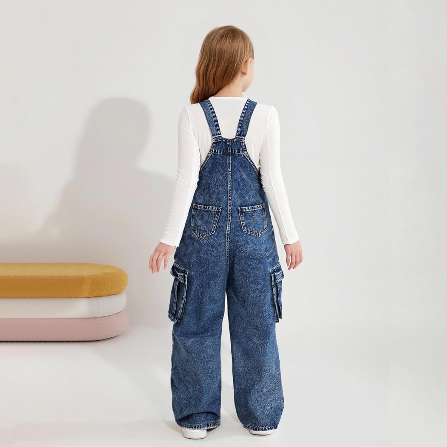 Girls Adjustable Jumpsuit Jeans Stretch Loose Kids Casual Wide Leg Cargo Denim Pants with Pockets for 6-14 Years