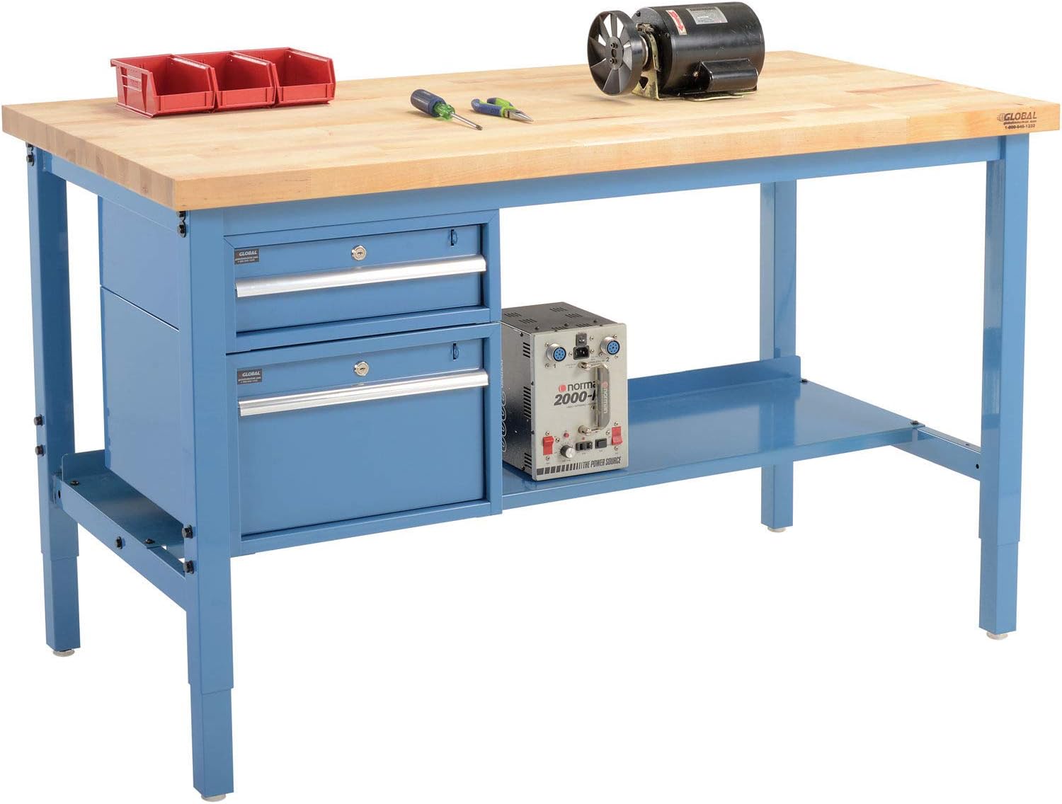 Global Industrial 72" W x 30" D Workbench, 1-3/4" Thick Birch Top Square Edge with Drawers & Shelf, Blue