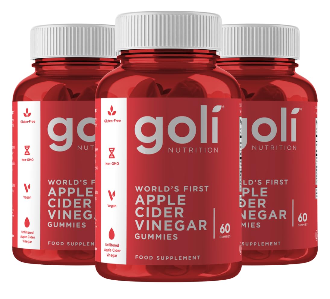 GoliApple Cider Vinegar | Digestion, Gut Health & Appetite | Vitamin B12, Gelatin-Free, Gluten-Free, Vegan & Non-GMO | Taste The Apple, Not The Vinegar | Pack of 3, 180 Gummies