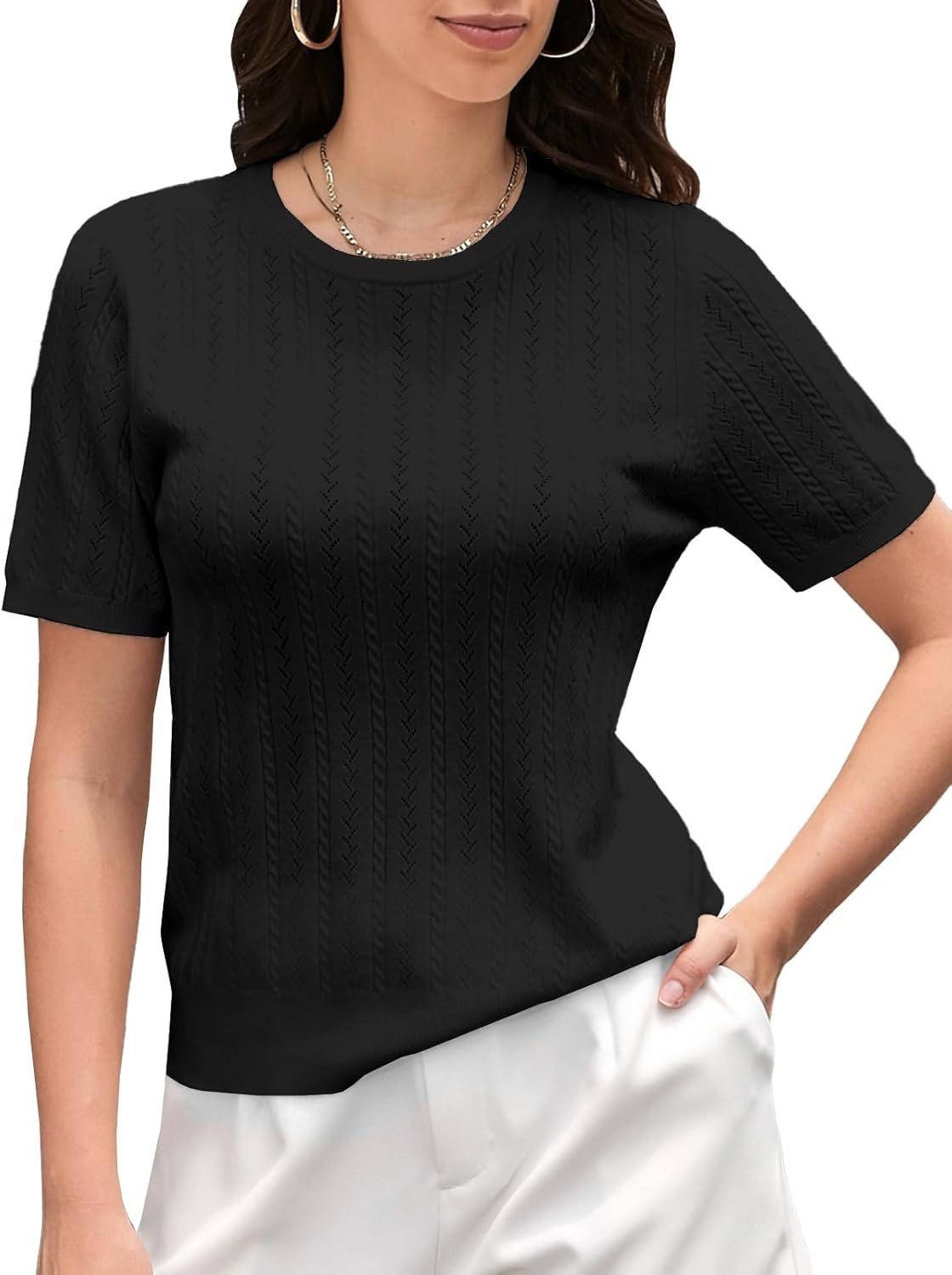 DAIMIDY Women's Short Sleeve Sweaters Hollow Out Summer Sweater Lightweight Cable Knit Pullover Tops