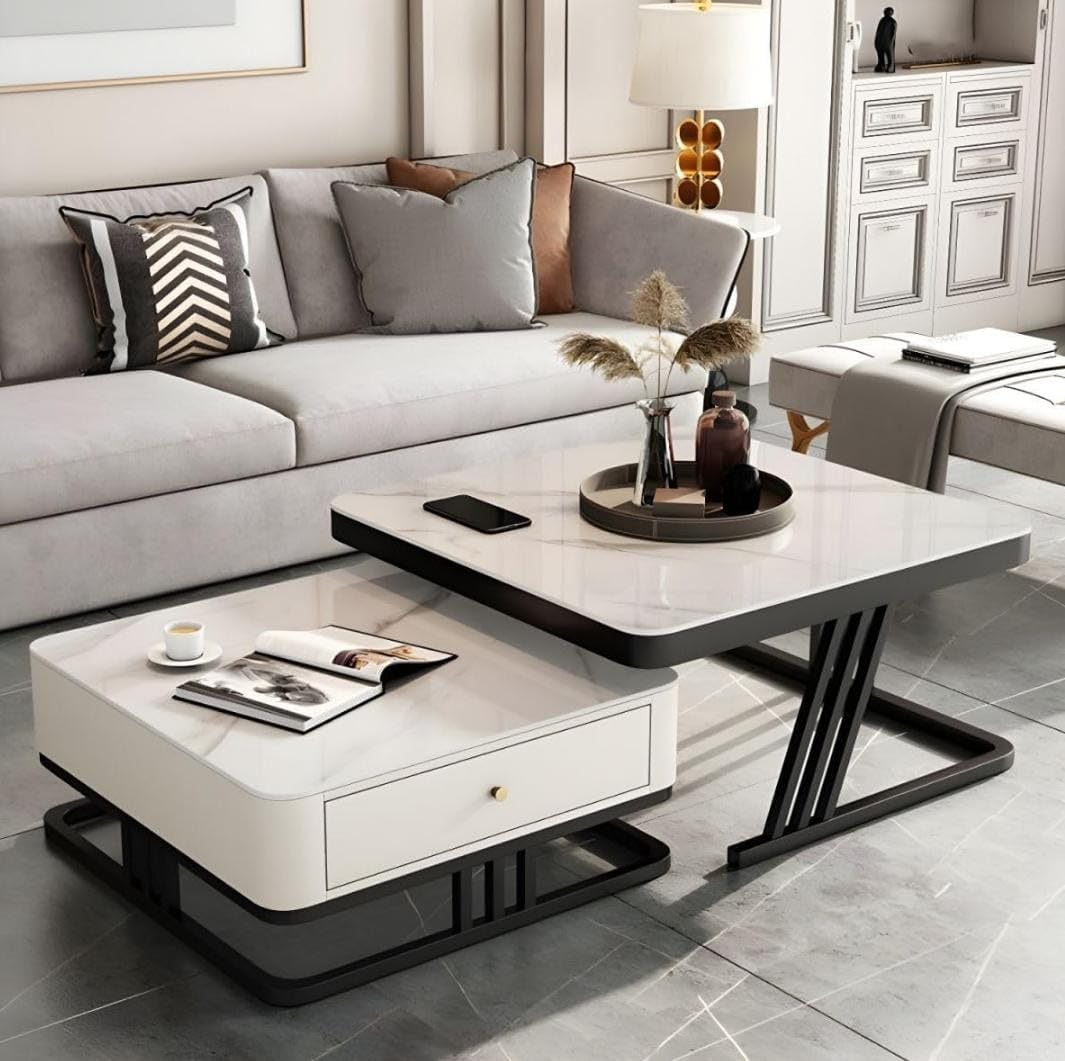 Furniture Café Modern Nesting Coffee Table Set of 2 – Black Marble Top with Golden Metal Base, Round Living Room Accent Tables-image-40