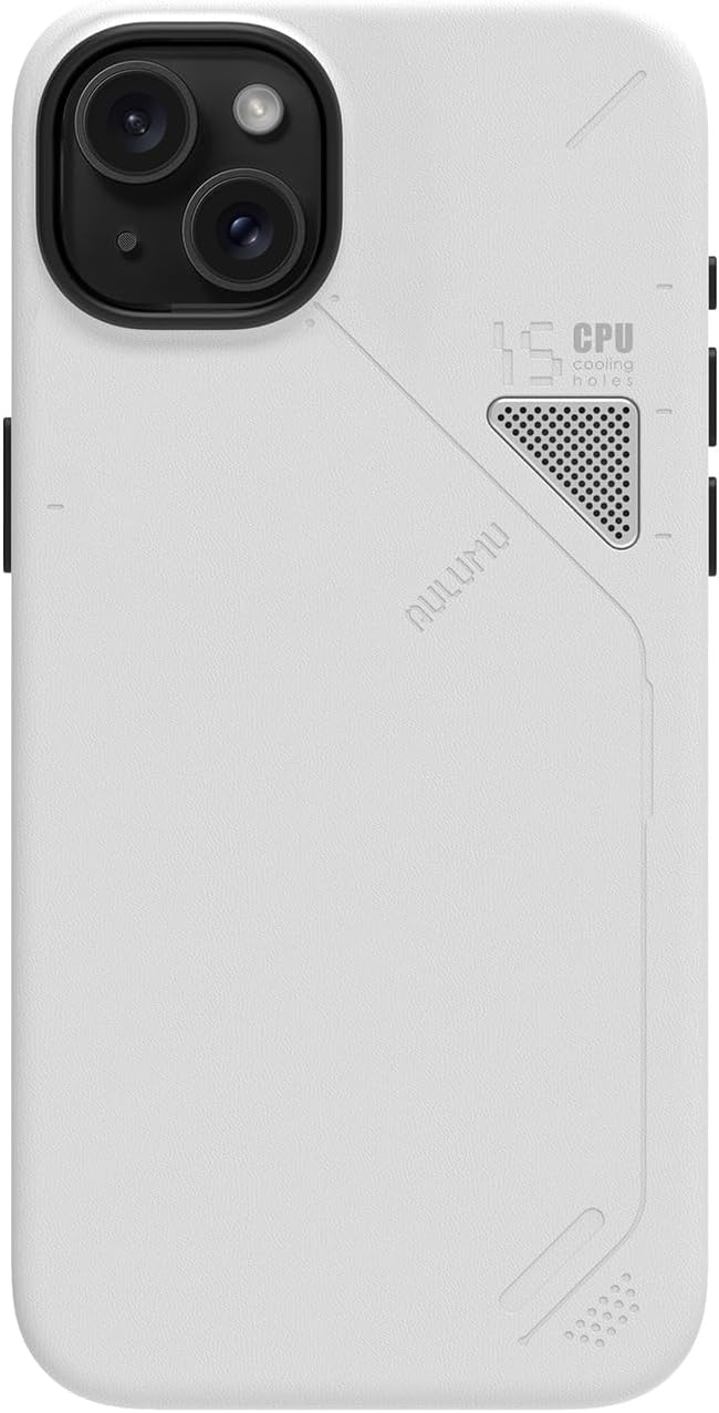 Aulumu A15 Vegan Leather for iPhone 15 Plus Magnetic Case [Unique Cooling Window] - Compatible with Magsafe [Metal Individual Buttons] - White
