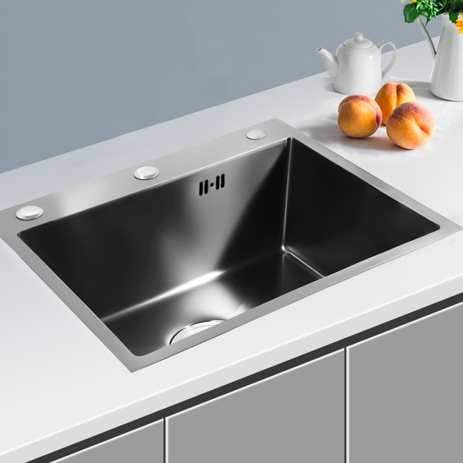 Fregadero negro de 50 x 40 cm, grifo de cocina, fregadero con escurridor y dispensador de jabón, acero inoxidable, empotrable, fregadero de cocina, 1 lavabo cuadrado (sin grifo)