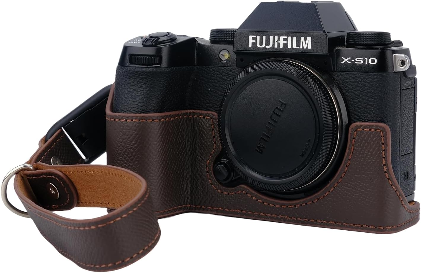 Bowan X-S10 Camera Case, Handmade Genuine Real Leather Half Camera Case Bag Cover for Fujifilm Fuji X-S10 XS10 Camera Bottom Opening Version + Hand Strap (Coffee)
