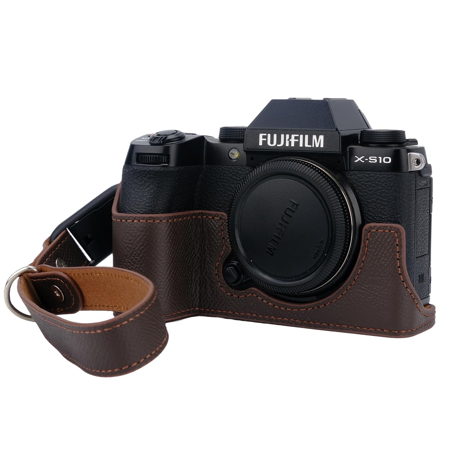 Bowan X-S10 Camera Case, Handmade Genuine Real Leather Half Camera Case Bag Cover for Fujifilm Fuji X-S10 XS10 Camera Bottom Opening Version + Hand Strap (Coffee)