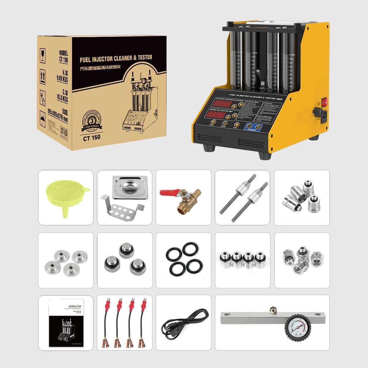 Fuel Injector Cleaner Tester, 4 Cylinder Injector Cleaner Machine, 3 Types Adapter, 3 Cleaning & 9 Testing Functions for Automotive & Motorcycle, 110V/220V,CT150