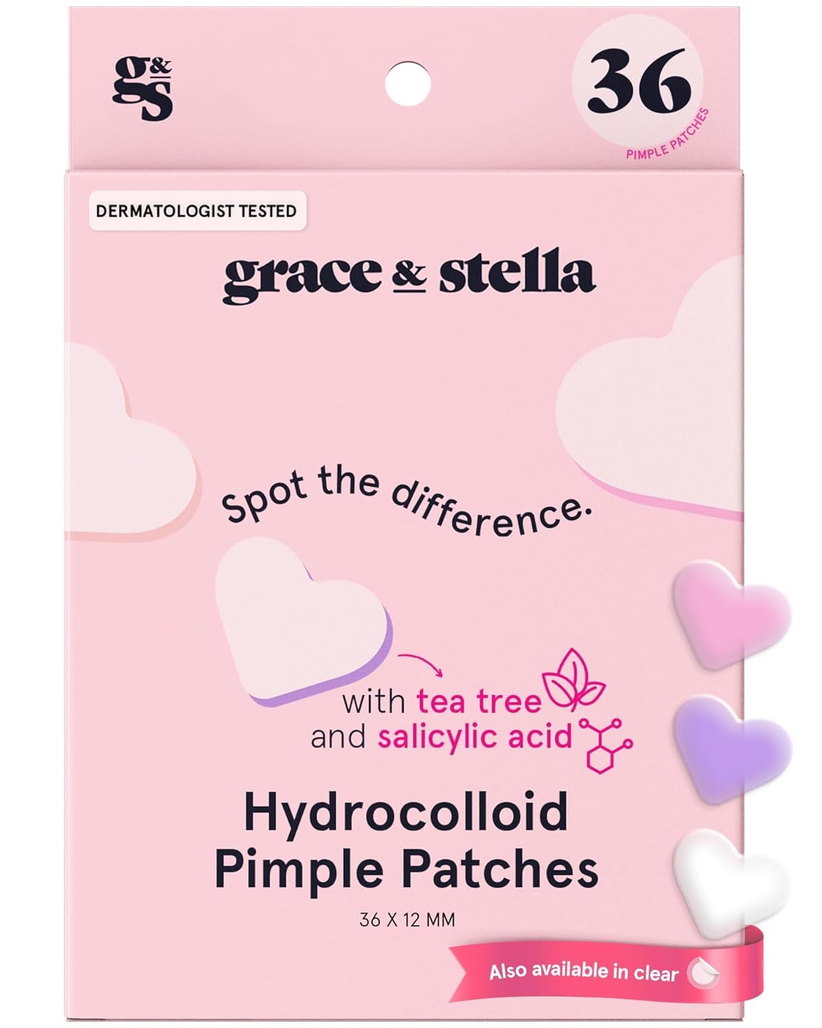 grace & stella Award Winning Pimple Patches Cute (Heart, 36 Count) - Dermatologist Tested Spot Patches with Salicylic Acid - Helps Soothe & Conceal Blemishes - Acne Patches for Spot Treatment - Vegan