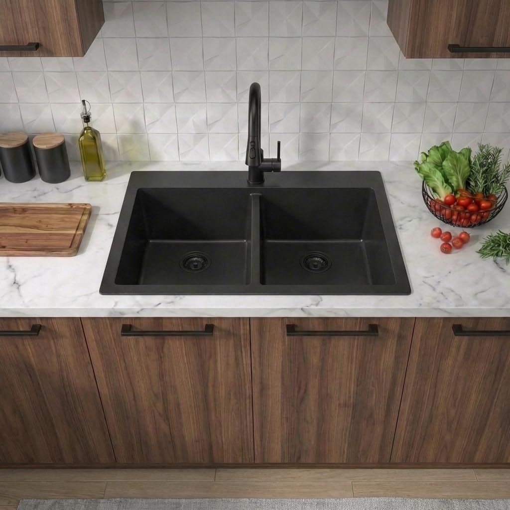 LQS Black Kitchen Sink, 33x22 Drop In Kitchen Sink Black, Top Mount Stainless Steel Sink, Large Capacity, 50/50 Double Bowl Sink with Unique Low-Divider Design For Easier Rinsing and Cleaning