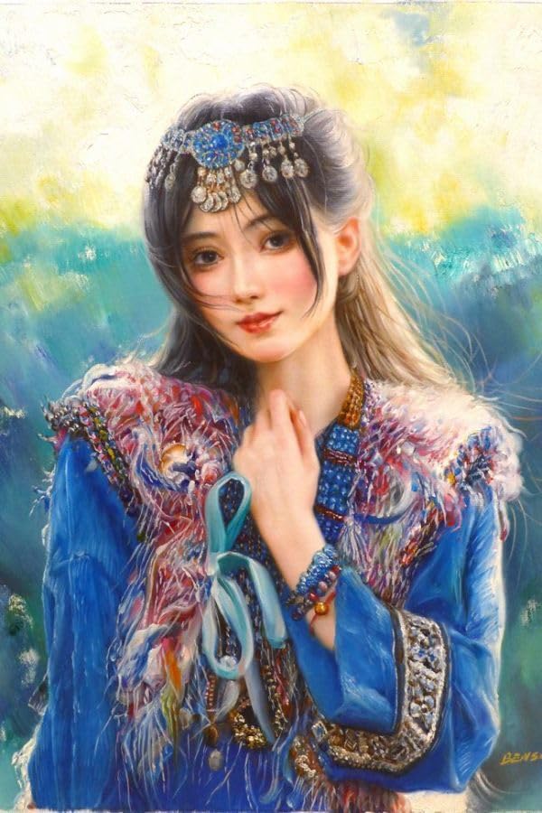 Amazon.co.jp: 油彩画 美しい娘の誘惑の眼差し 「青い民族衣装