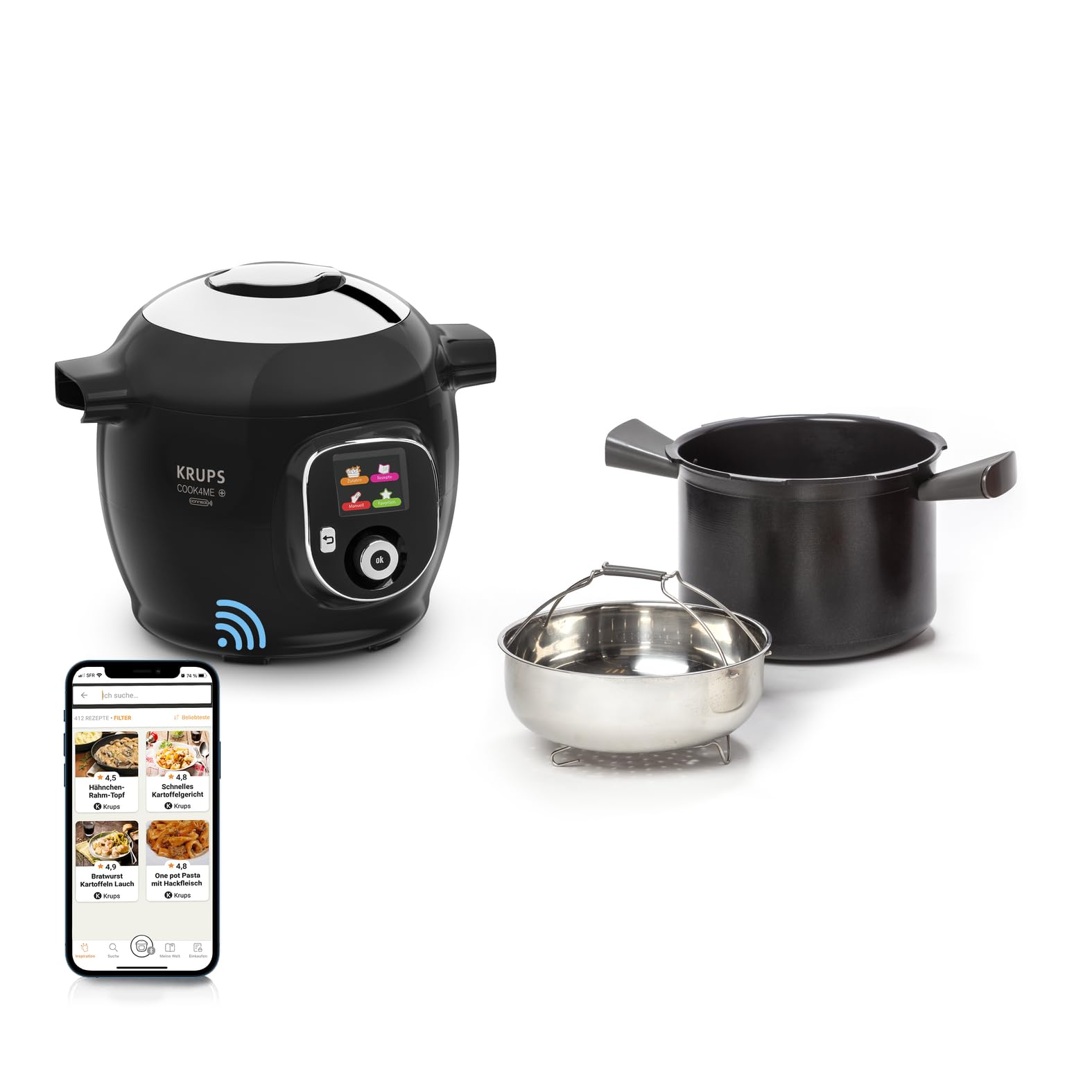 Krups CZ7158 Cook4Me+ Connect Multikocher | 1600 Watt | elektrischer Schnellkochtopf | inkl. kostenlose App | Bluetooth Steuerung | 4 Liter Fassungsvermögen | schwarz/grau