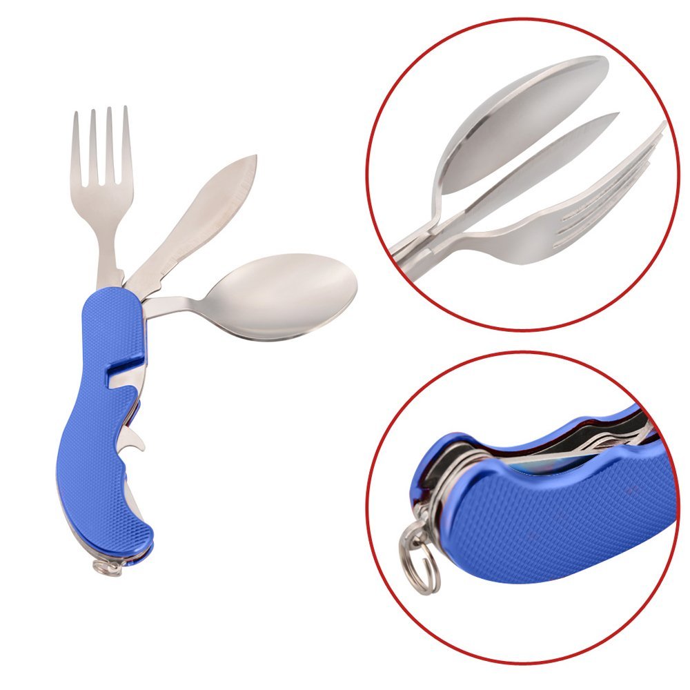 Couverts Pliants 4 En 1 En Acier Inoxydable Noir - Fourchette, Cuillère, Couteau, Tire-bouchon - Parfait Pour Camping, Rando