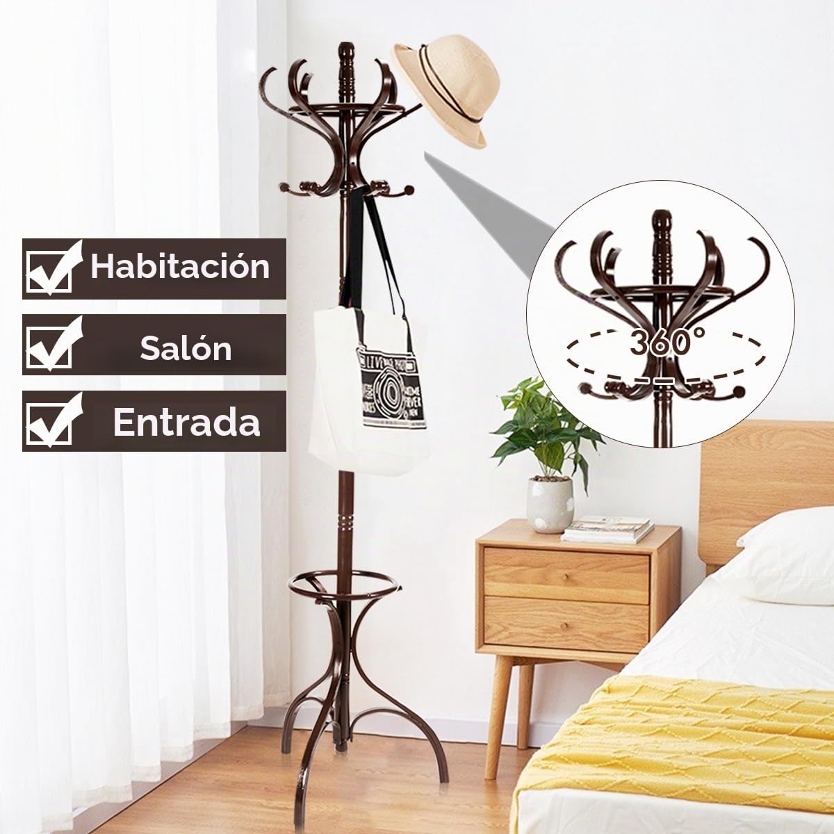 HOMASIS Perchero de pie de madera maciza, perchero de pie moderno con 12 ganchos y paragüero, porta ropa para entrada, dormitorio, salón (marrón)