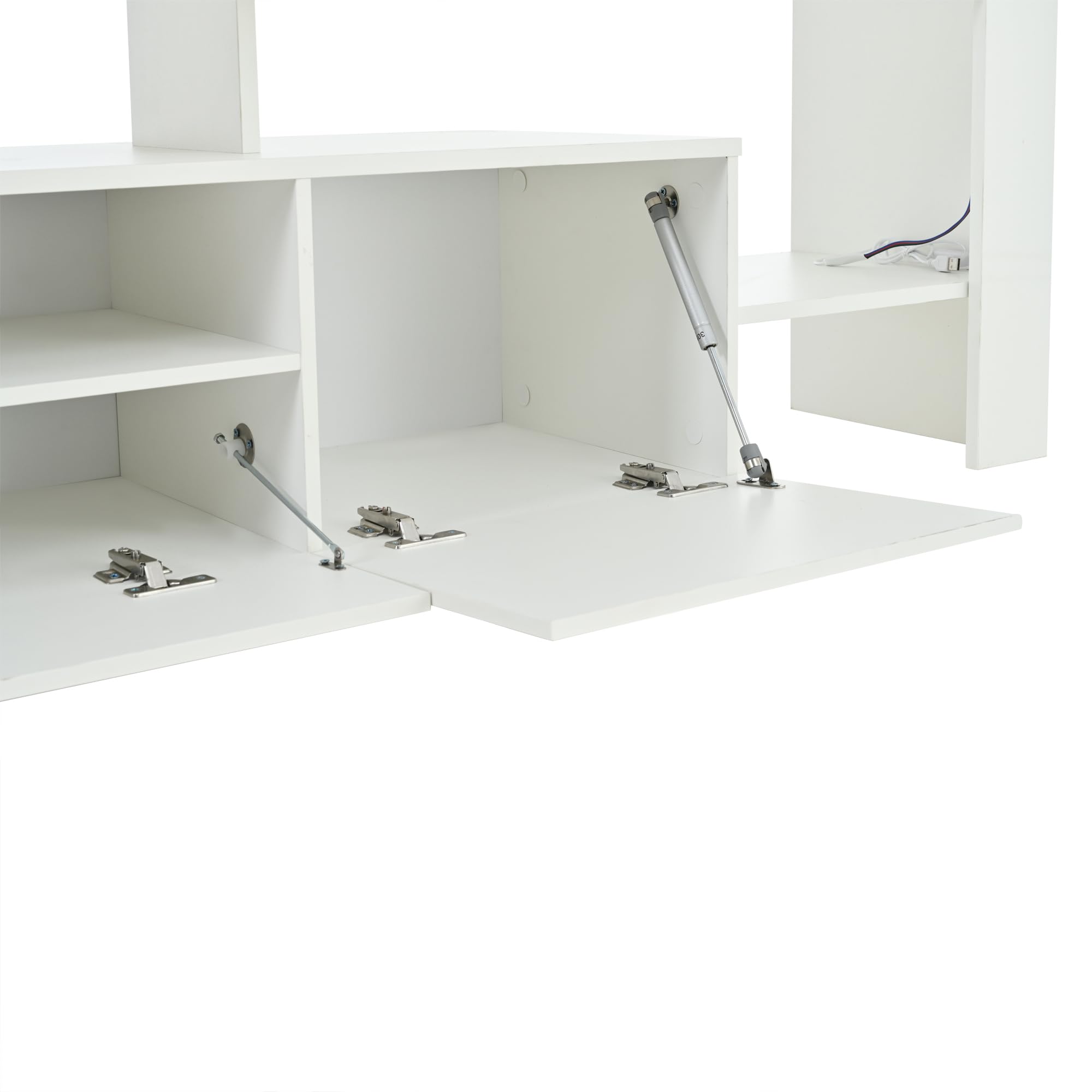 Merax TV-Schrank Weiß, TV Lowboard Hochglanz, mit LED-Beleuchtung, 192cm lang Fernsehtisch für 85 Zoll Fernseher, Moderne TV Bank aus Holz mit Drei Klapptüren, offene Regale, TV-Kommode für Wohnzimmer
