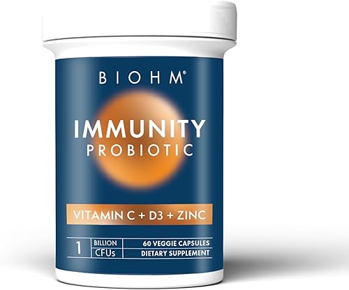 BIOHM Probiótico inmunitario con vitamina C, D3 y zinc, 1 mil millones de UFC (60 cápsulas) probióticos diarios para mujeres y hombres, salud