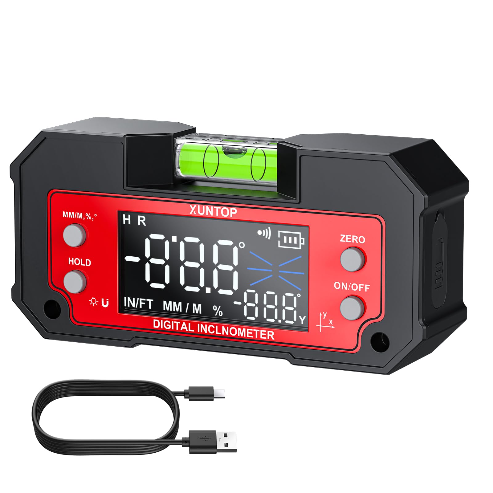 XUNTOP Inclinomètre Numérique Double Axe LED Rechargeable - Niveau Électronique Professionnel à Haute Précision avec Base Magnétique et Niveau à Bulle Intégré pour Chantier, Menuiserie, Bricolage