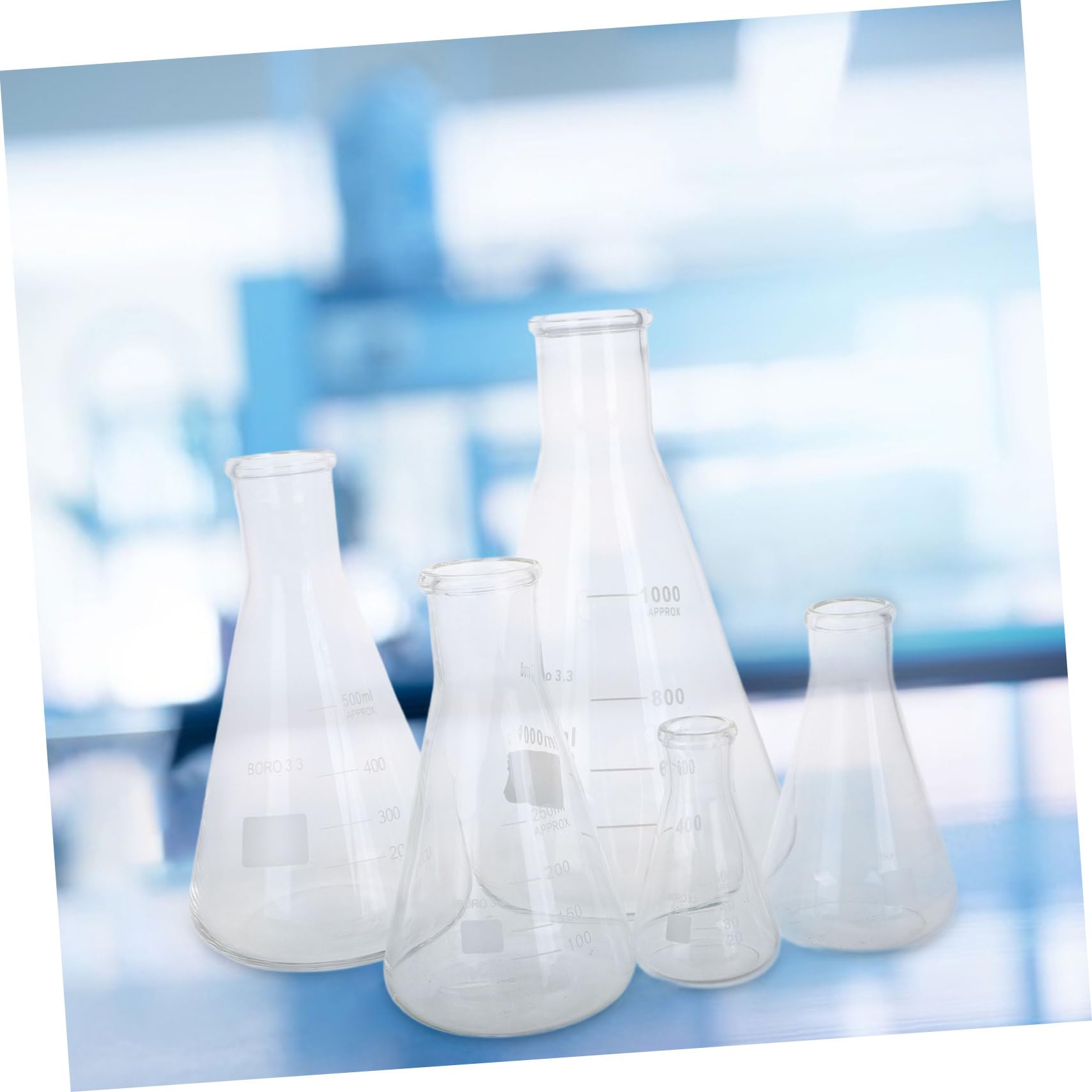 Zerodeko Matraces Erlenmeyer Juego de 5 de Vidrio de Borosilicato y Diseño Cónico Base Triangular, Capacidad Variada para Experimentos de Laboratorio y Química