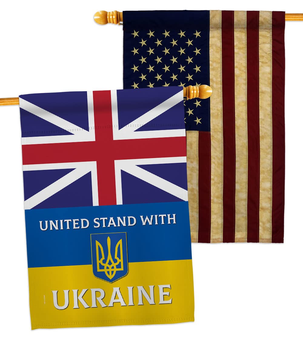 UK Stand With Ukraine House Flags Pack Support Cause Ukrainian USA Vintage Applique Small Decorative Gift Yard Banner Made In 28 X 40