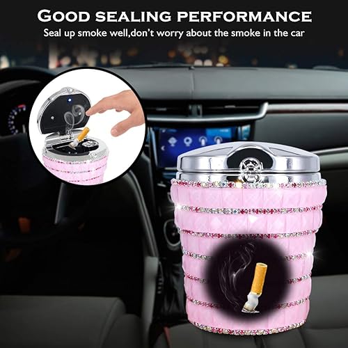 Miniatura 3 de eing Cenicero de automóvil con diamantes brillantes para automóvil, removedor de humo de cigarrillos, portavasos, con lámpara LED, color rosa