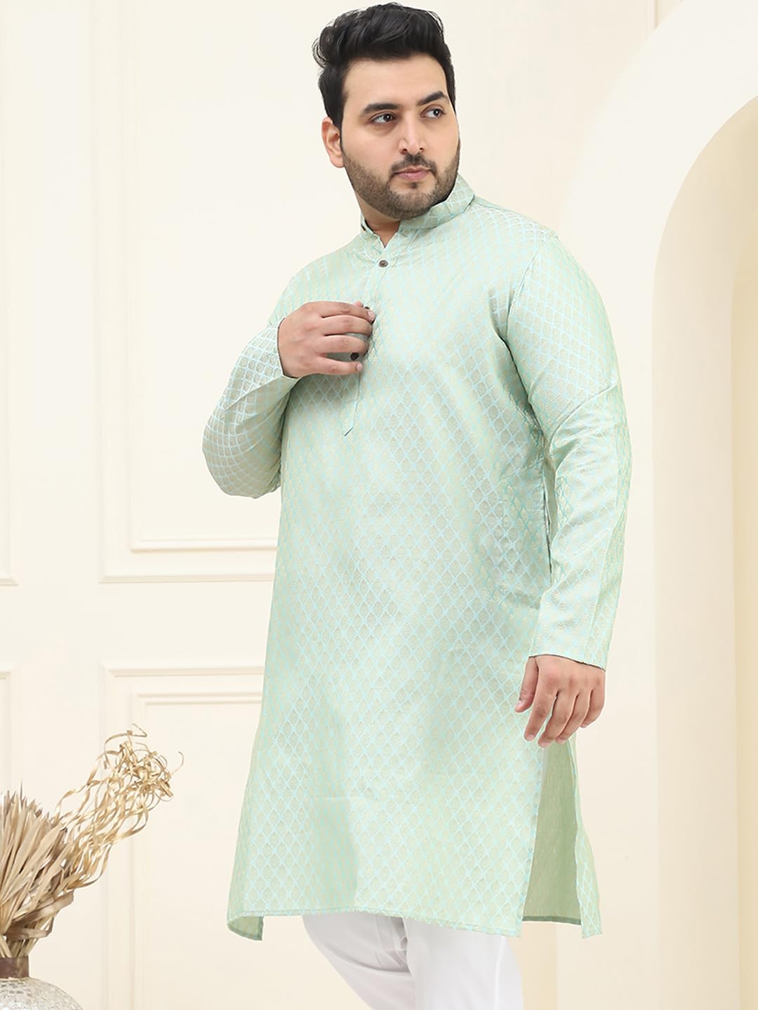 Sojanya Plus (Since 1958) Men's Silk Blend Pista Green Self Design Only Long Kurta