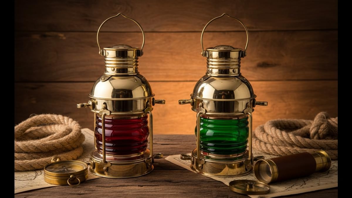 Handmade Nautical Solid Vintage Brass Lantern RED/Green Colour Home Decorative Set of 2 Rustic Vintage Home Decor Gifts