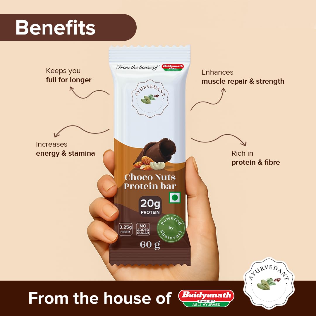 Ayurvedant Choco Nuts Protein Bar, 20g Protein, No Added Sugar, 60g x 6 Pack|From The House Of Baidyanath 1