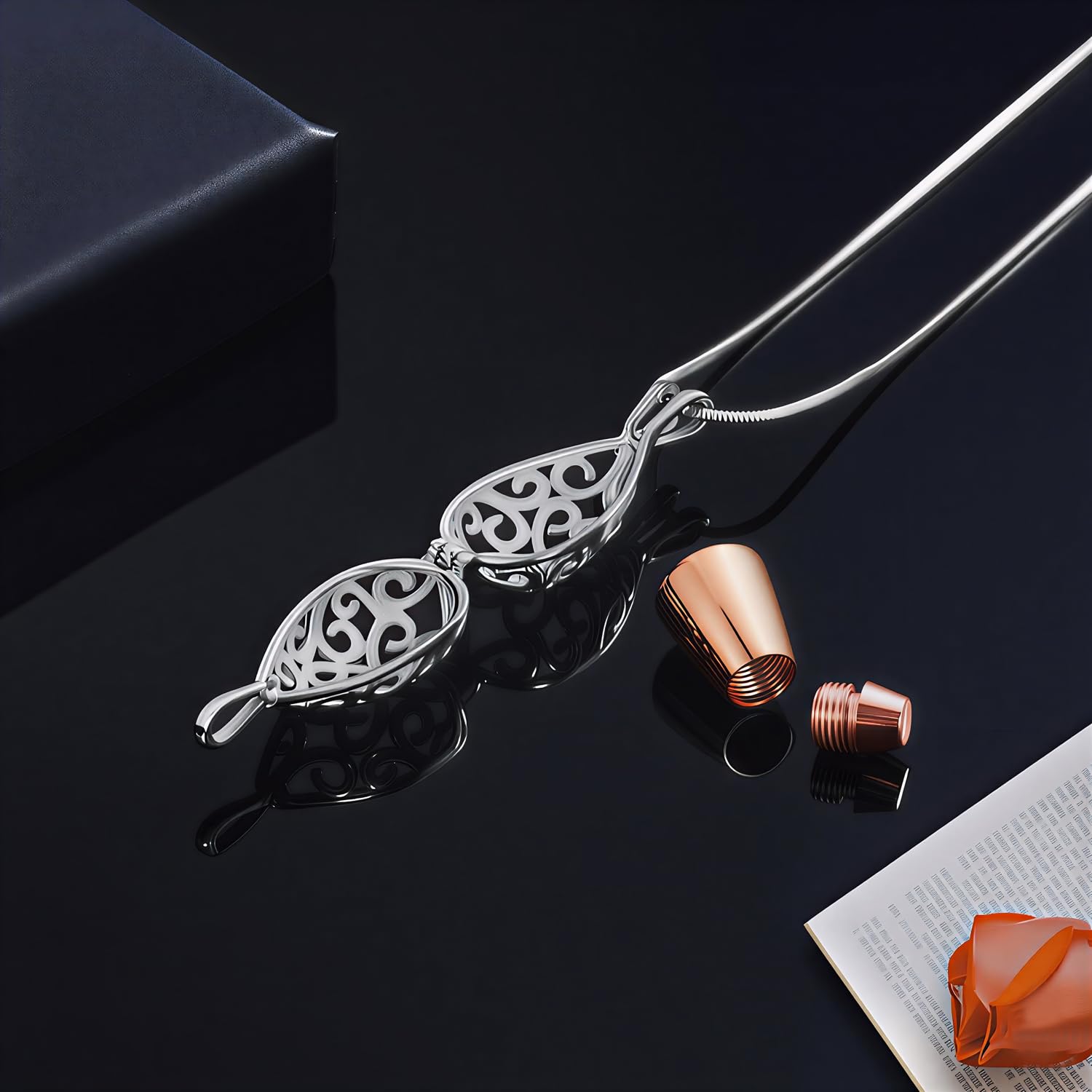 Urnenkette für Asche, Kette Asche Anhänger, Roségold Kapsel in Silber Filigran-Fassung