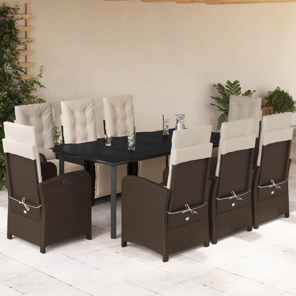 Juego de muebles de jardín de 9 piezas con cojines de poliratán marrón, mesa con 8 sillas, muebles de balcón, muebles para terraza, jardín, balcón -Q