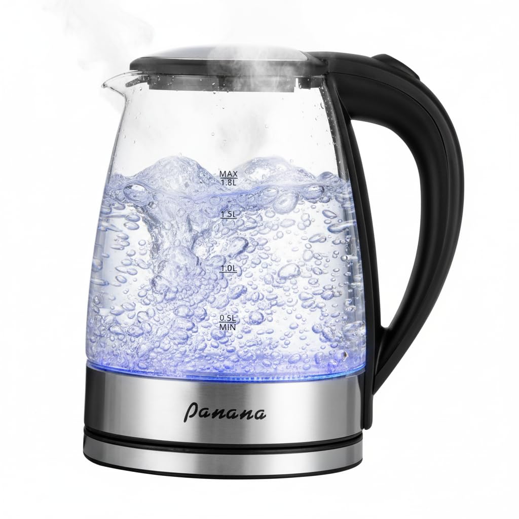 Electric Kettle Glass Kettle with Blue LED, Fast Boil Quiet Electric Glass Kettle, 1.8L, 1800W, Boil-Dry Protection, BPA Free (Flip Lid)