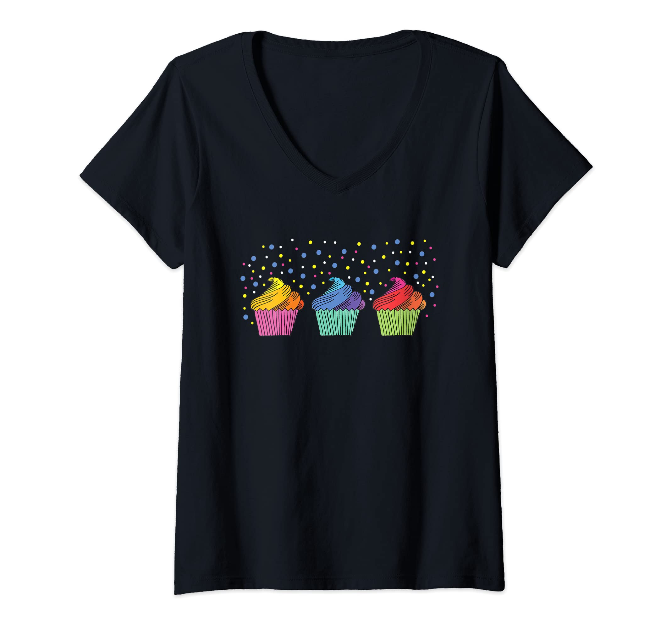 Food Glorious Food DesignsWomens Three Abstract Colorful Cupcakes Icing - Sweet Treat Dessert V-Neck T-Shirt