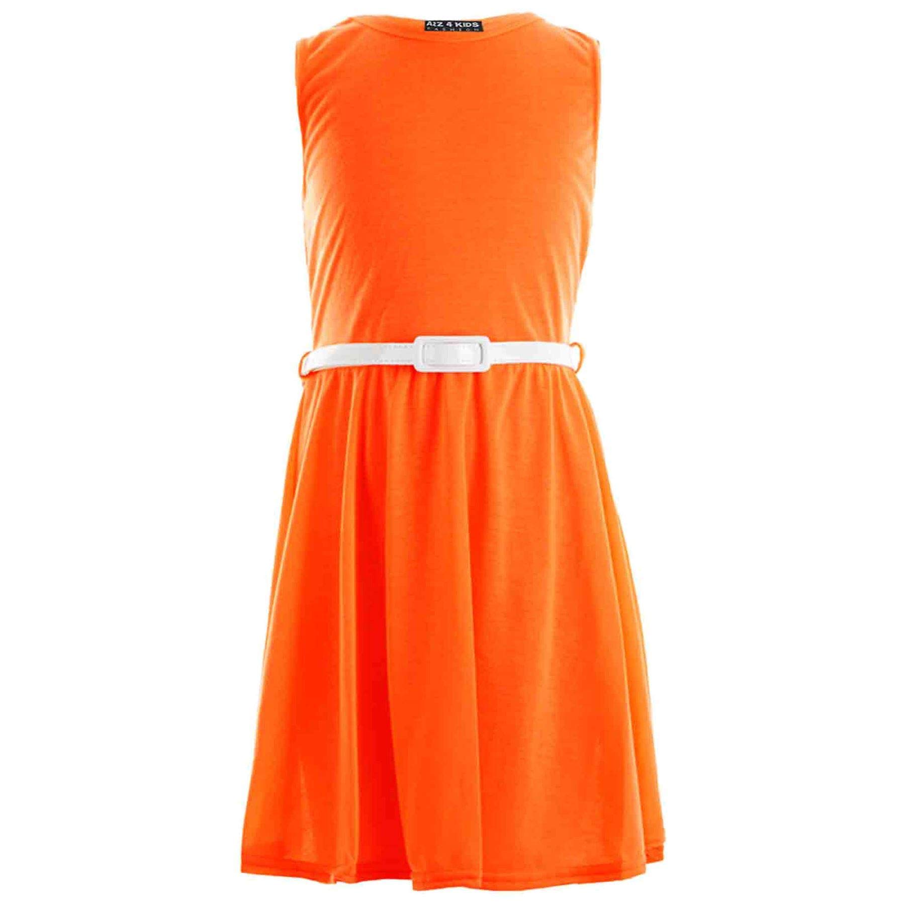 A2z 4 Kids Girls Neon Orange Party Fashion Dresses With Free Belt Summer - Skater Sleeveless 9-10