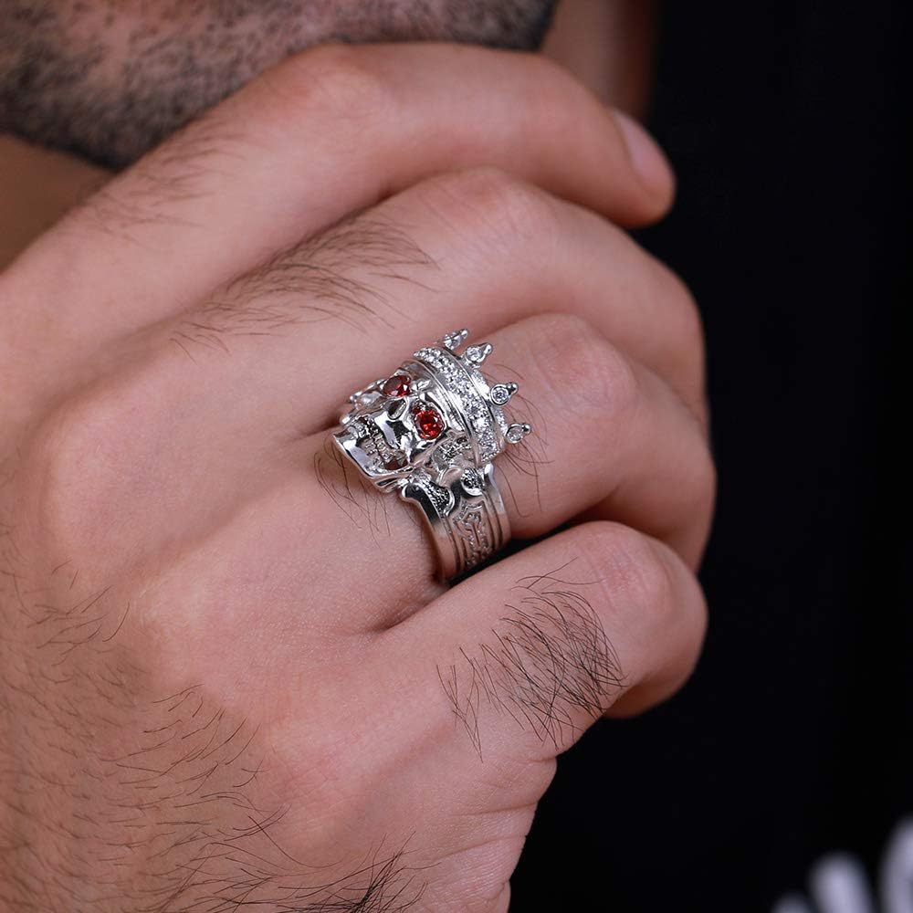 Getname Necklace Silver/Black Skull King Ring for Men with Crown Eye Stones - Biker Jewelry Birthday Gift for him - Mens Skeleton Punk Ring with Delicate Gift Box