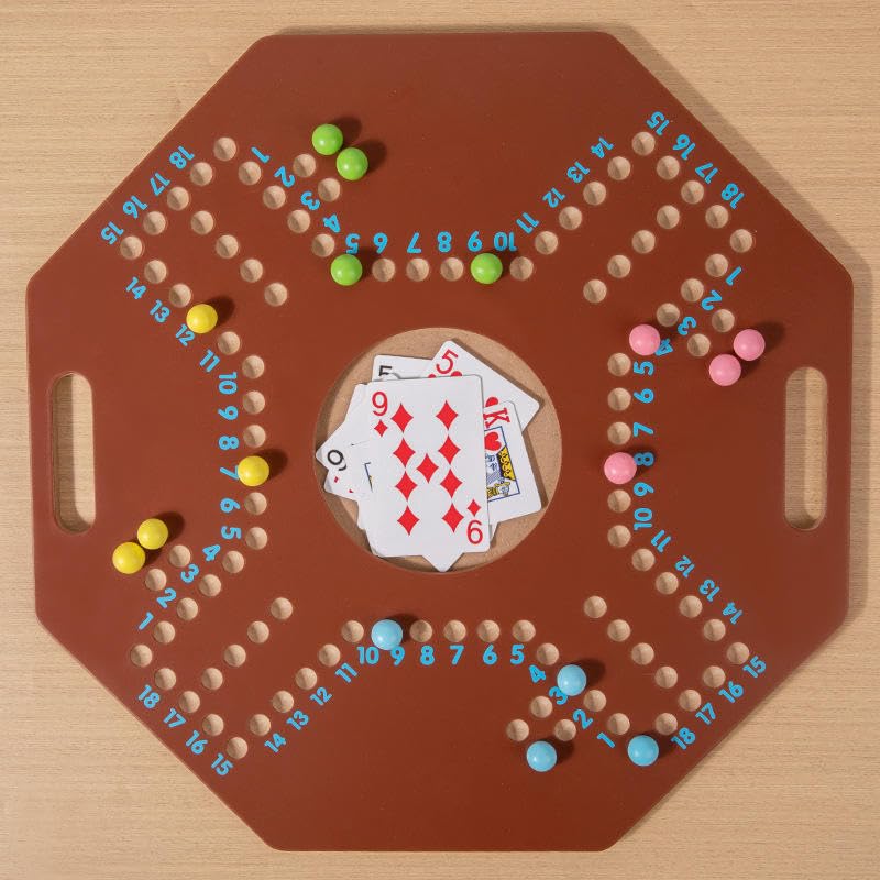 Image of Wooden Board Game for 4 Players - Includes Glass Marbles & Cards - Classic Multiplayer Strategy Game Set - 39x39 cm Wooden Board