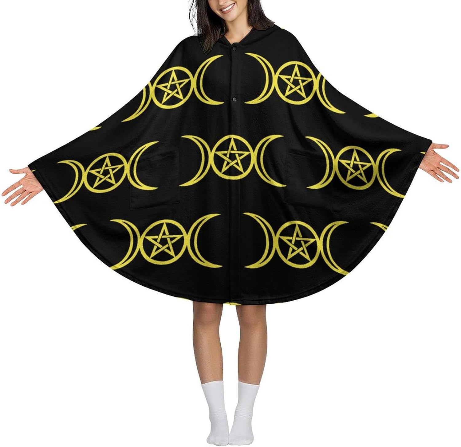 Triple Moon Pentacle Wearable Blanket with Hooded Flannel Blankets Cape with Pocket