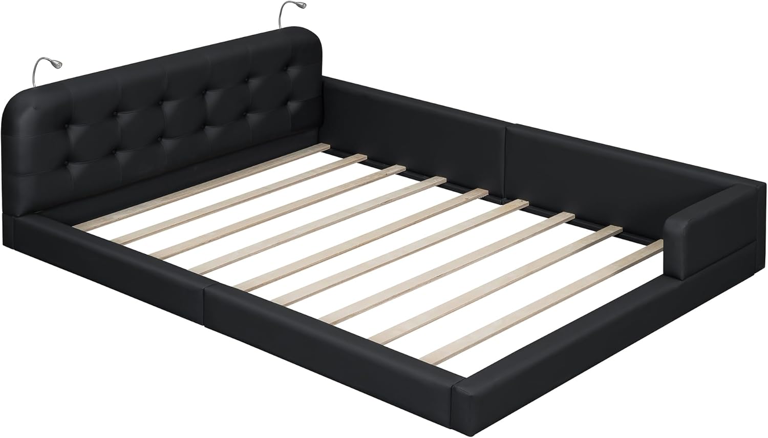Queen Size Upholstered Platform Bed with 2 Reading Lights,Wooden Floor Bed Frame with Slat Support for Kids Teens Adults (Black)