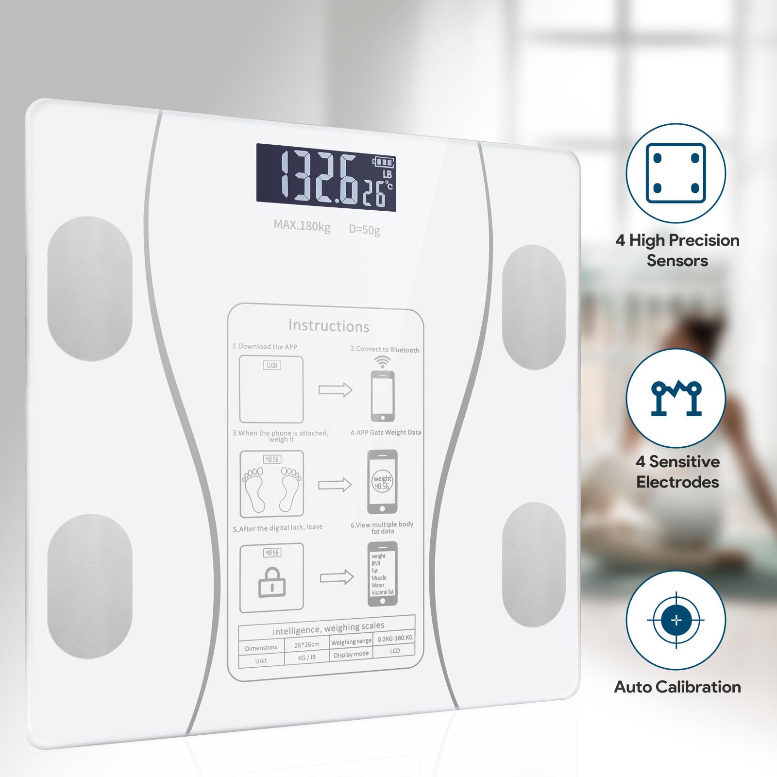 Bilancia intelligente per il grasso corporeo con display a LED, bilancia digitale da bagno con Bluetooth, misurazione accurata della composizione corporea, massa muscolare, BMI e analisi dell'acqua