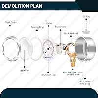 Vista 3 de MEASUREMAN - Medidor de presión con esfera de 2.5 pulgadas, de relleno líquido, 0-1000 psi/7000 kpa, caja de acero inoxidable 304, montaje inferior