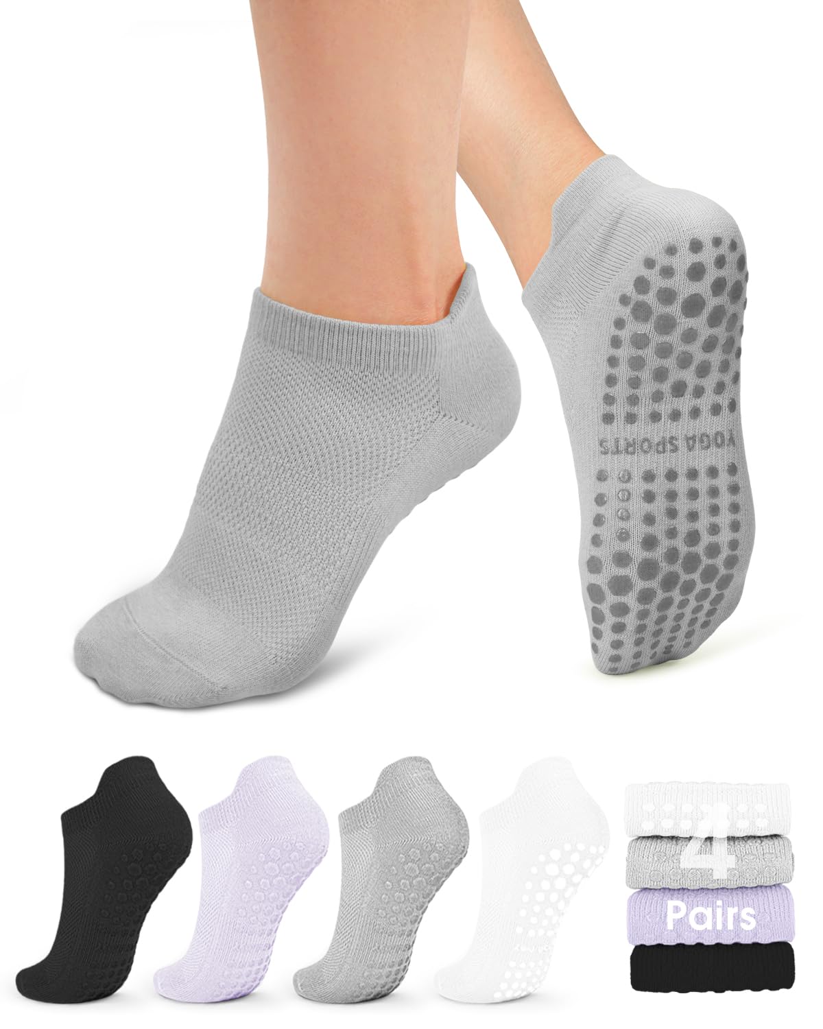 yeuG Pilates Socks for Women Non Slip Grip Socks for Yoga, Barre, Hospital, Barefoot Grippy Yoga Sock Womens Gifts 4 Pairs