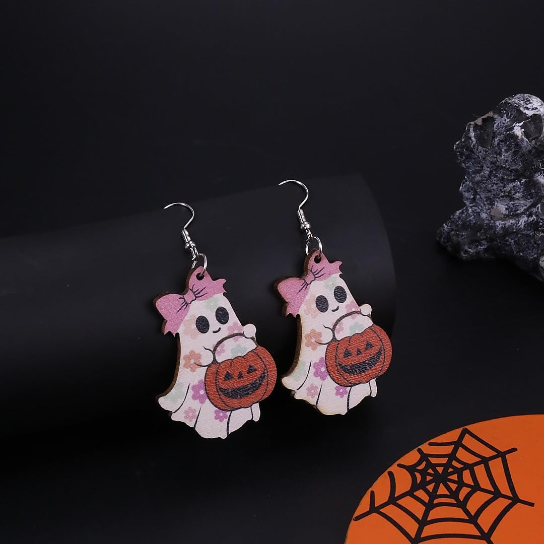 Halloween Earrings for Women Cute Ghost Pumpkin Candy Dangle Drop Earrings Cartoon Wooden Earring Halloween Witch Earring Jewelry Emo Accessories - Image 5